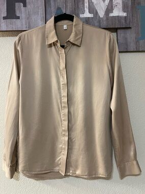 Lilysilk 22MM Silk Beige Button Down Long Sleeve  Blouse, size M